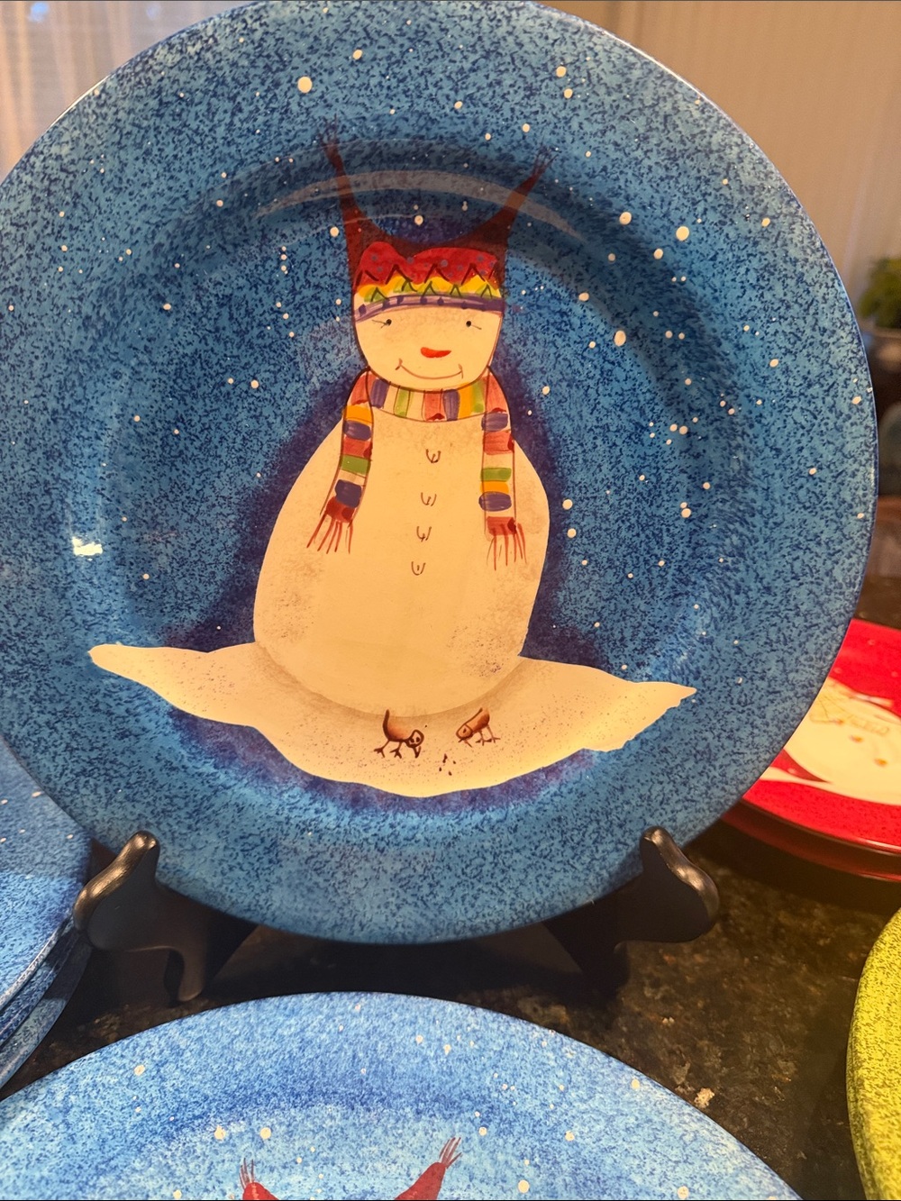 Sakura Blue Snowman Dinner Plate with Multicolor Scarf and Hat